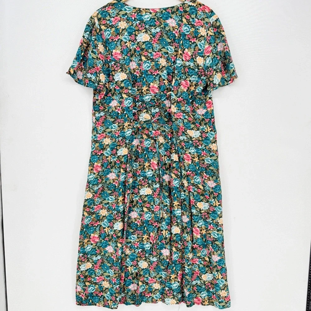 Caroline Wells II Floral Button Front Dress Womens 16 Teal Pink Cottagecore Vtg